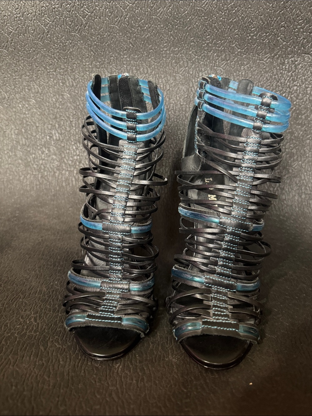 L.A.M.B. Black and Blue Strappy Cage High Heels